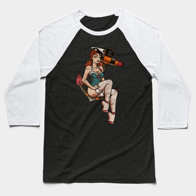 OldSalt American Traditional Bikini Pinup Girl Distressed Baseball T-Shirt by OldSalt